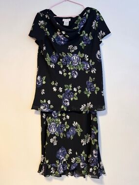 Worthington Matching Skirt Set Short Sleeve Blouse Midi Skirt Black Floral 18